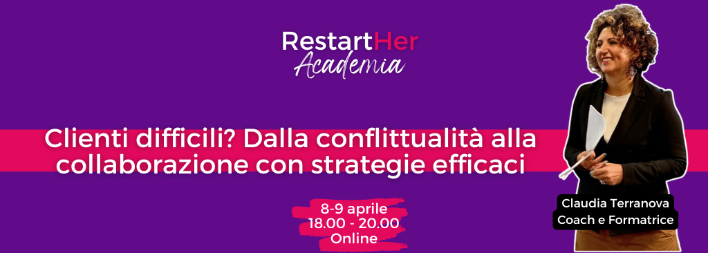 RestartHer Academia banner promoting an online session on managing difficult clients with coach Claudia Terranova.
