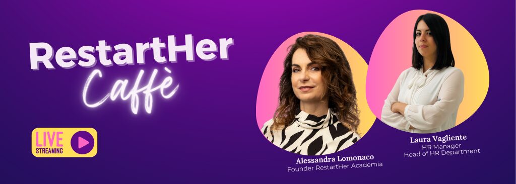 Purple “RestartHer Caffè” live‑stream banner with Alessandra Lomonaco and HR manager Laura Vagliente.